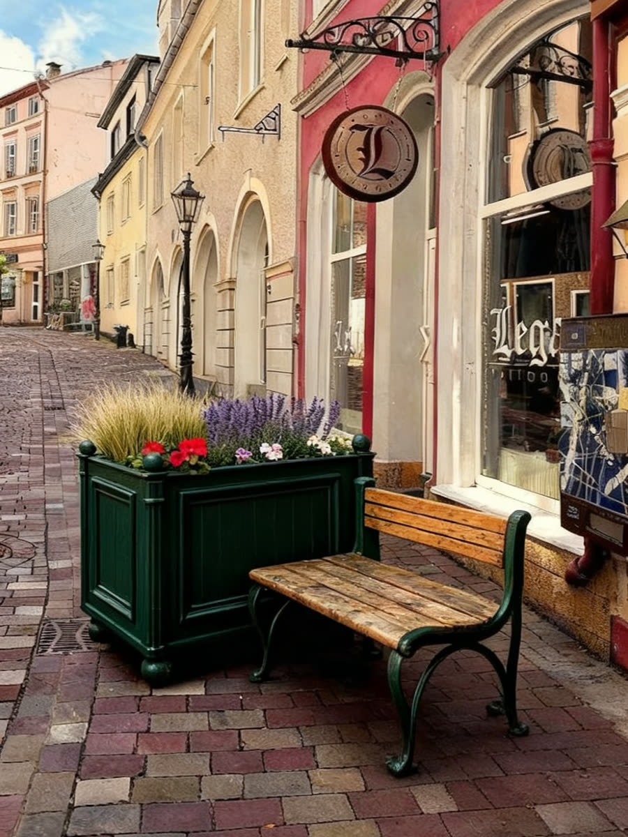 Altstadtgasse mit einem tannengrünen Pflanzkübel und einer klassischen Bank an der Hauswand (Visualisierung)