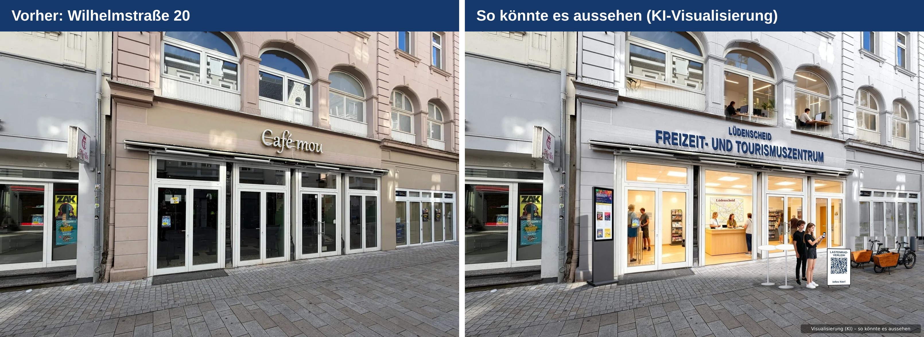 Wilhelmstraße 20, das frühere Café mou: vorher und so könnte ein Freizeit- und Tourismuszentrum aussehen. KI-Visualisierung, Foto: Marc Tegtmeyer